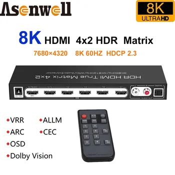 8K HDMI Matrix 4x2 Switch HDMI Splitter Cu 4 La 2 4K120Hz ARC CEC UHD HDR10+ VRR ALLM Dolby Vision OSD SPDIF 5.1 LR 2 CANALE pentru PS5 1