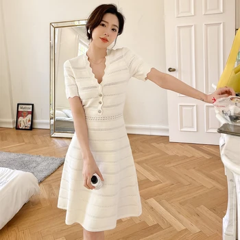 2022 Vara Noi Blând Solid V-Neck Femei Rochie coreea Simplu Moda Tubulare cu Mânecă Scurtă Slăbire tricotate Rochii Elegante 2