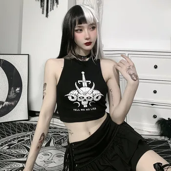 Gothic Punk Harajuku Craniu cu Dungi, fără Mâneci Off-the-umăr tuns Scurt Buric Sexy High Street Vesta Y2K Îmbrăcăminte pentru Femei 1