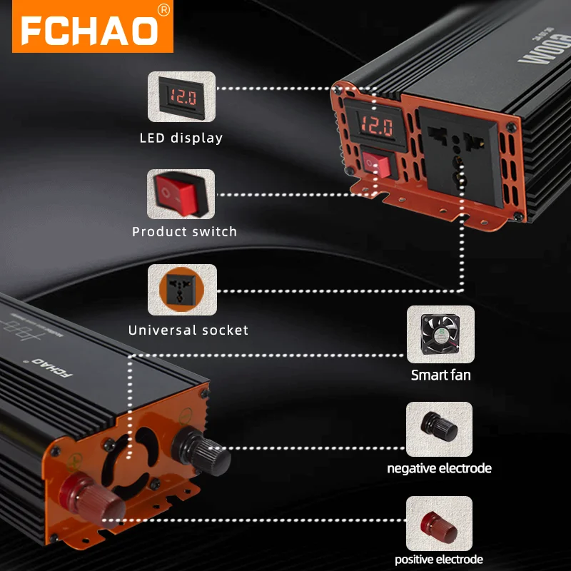FCHAO 1000W Up Modified Sine Wave Inverter Display LED 12v DC 24v AC 220V Soclu Universal Accesorii Auto Invertor Solar Imagine 4